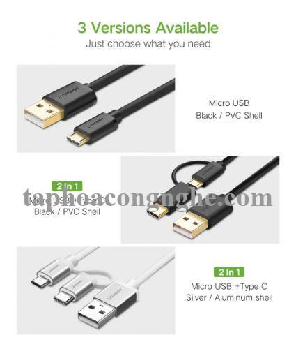 Ugreen 30170 0.5M màu trắng Cáp USB-A sang Micro USB + USB-C cao cấp US142 30030170